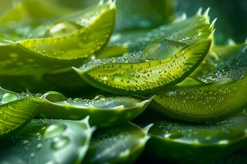 Close-up of Aloe Vera leaves, hyper realistic, showing the gel-filled interior, known for its soothing properties. Aloe barbadensis.