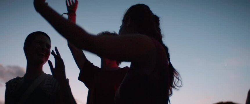 A group of young people dancing and having fun at a nighttime concert