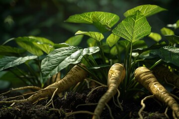 Ginseng roots and leaves, known for their energy-boosting and adaptogenic properties. Panax ginseng.