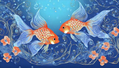 清涼感のある青い背景、それは心地よい夏の風物詩、透明感のある綺麗な小さい金魚が二匹、快適な環境で生活、シンプルなイラスト風に仕上げる generated by AI