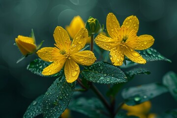 St. John's Wort flowers and leaves, used for treating depression and anxiety. Hypericum perforatum. - obrazy, fototapety, plakaty