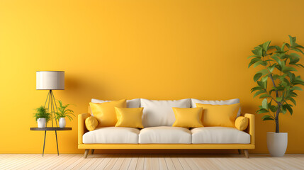 A yellow room interior, a living room interior mockup with an empty yellow wall, epitomizes the perfect blend of luxury and simplicity