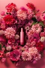 Key visual for a cosmetic product embedded in a full floral circle of flowers in vibrant pink and rose colors, 