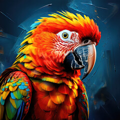 Bright art painting of a parrot bird. Wall art, greeting card, advertisement, web design element.