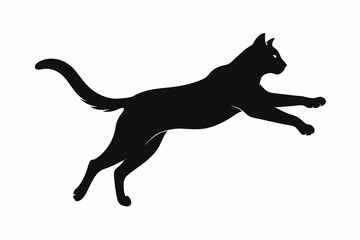 Cat jumping silhouette black on white background