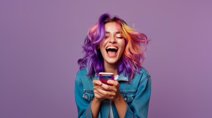 Happy young woman with colored hair holding a smartphone, screaming laughing