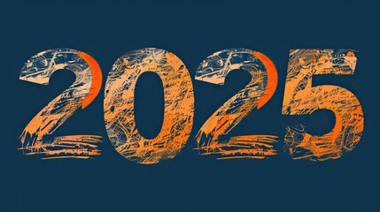 A grunge-style graphic of the year 2025 in bold orange and white colors