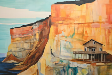 hopeful wooden house overlooking cliffs, abstract landscape art, painting background, wallpaper, generative ai