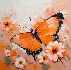 Butterfly and flowers oil painting. 