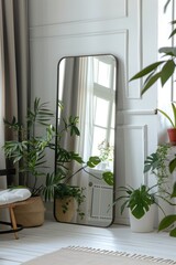 Stylish Full Length Mirror with Houseplants and White Wall Background. Adding Beautiful Bohemian