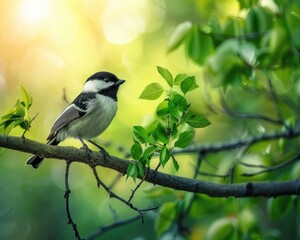 Obraz premium Black Capped Chickadee Bird Standing Proudly on a Tree Branch in the Spring Forest - Pure Wildlife
