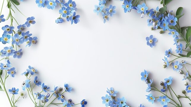 A top down view of delicate blue forget me not flowers set against a crisp white backdrop providing a blank canvas for your text