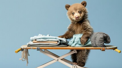   A  bear, brown in color, sits on top of a table with a pile of clothes and a matching pair of gloves
