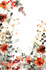 watercolor style, wildflower border for greeting card, in shade of Burnt oranges, Earthy browns, 