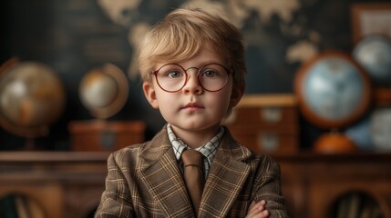 Portrait of a cute little schoolboy in glasses and a suit. - Powered by Adobe