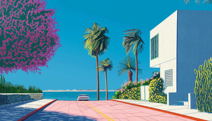 Summer landscape with palm trees on a beach, park trees lining a city street