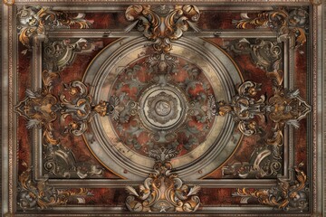 Fototapeta premium Baroque, barocco ornate gold and marble ceiling non linear reformation design. elaborate ceiling with intricate accents depicting classic elegance and architectural beauty