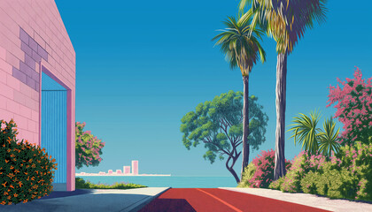 Summer landscape with palm trees on a beach, park trees lining a city street