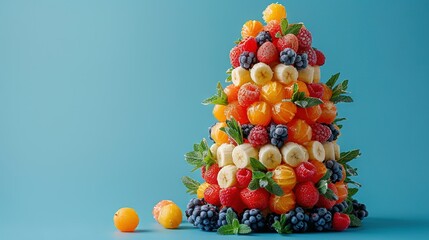   Christmas tree with oranges, raspberries, and bananas on blue background