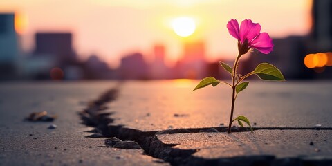 A small pink flower is growing out of a crack in the pavement - Powered by Adobe