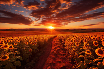 A meandering path through a field of sunflowers, with the sunset casting long shadows