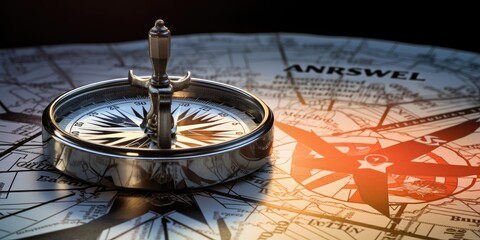A compass sits on top of a map with the word Answeel written on it