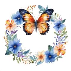Obraz premium Colorful butterfly framed by a flowers watercolor illustration.