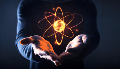 Businessman holding atom molecule as science