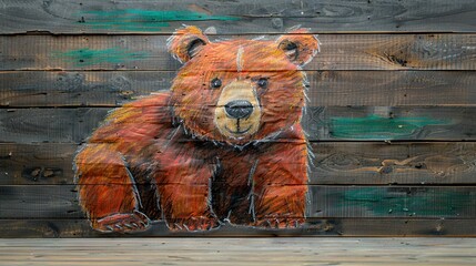 Fototapeta premium A painting of a brown bear on a wooden wall beside a wood-planked wall with a wooden-planked wall in the background