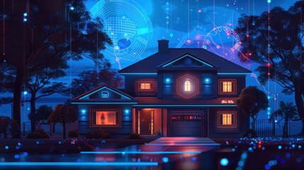 Digital housing, smart home and network at night