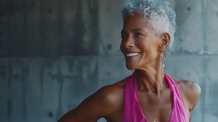 Confident mature woman in pink sportswear showing great figure with bright smile