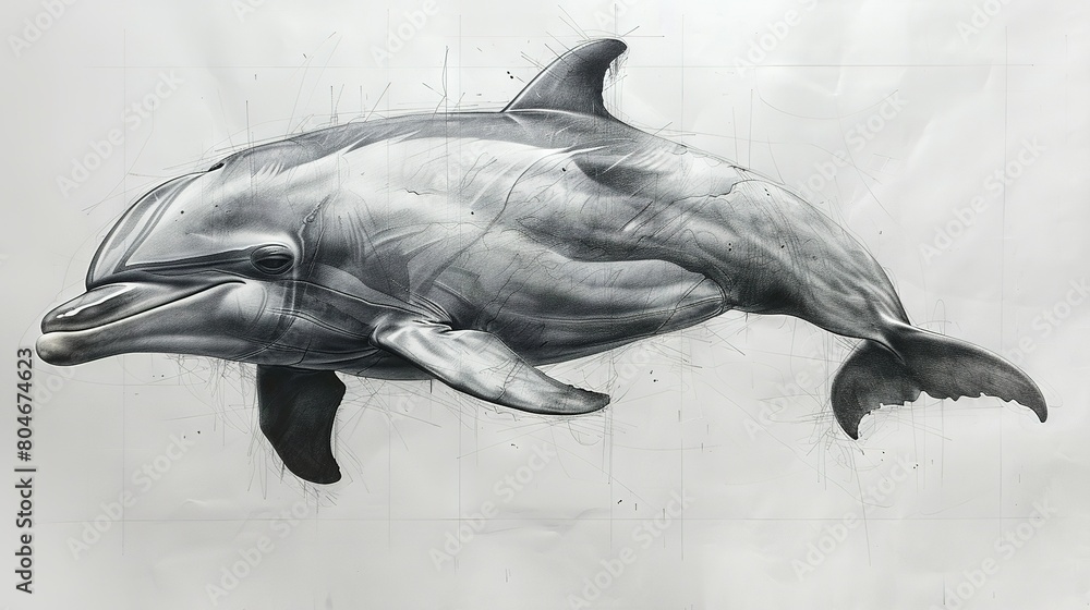 Sticker   A black-and-white illustration depicting an open-mouthed dolphin