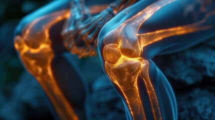 An anatomy illustration depicts a close-up of the knee joint, glowing orange in color.