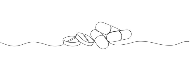 One continuous linear drawing of a scattering of tablets and capsules. Pharmaceutical drugs, medicines, vitamins, antibiotics in a simple linear style.