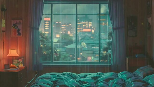 Cozy bedroom scene stream overlay loop, interior, anime style 4K Looping Music Video Background