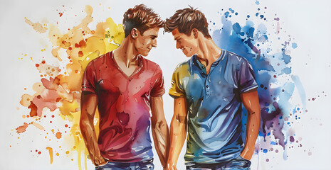 Two men are holding hands in a painting with a splash of colors