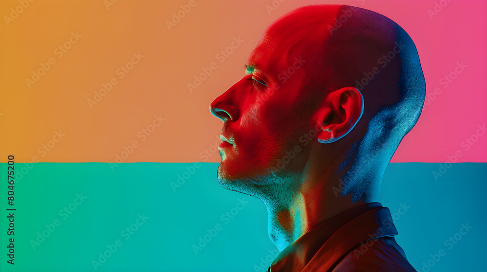 Poster a man with a shaved head is standing in front of a colorful background