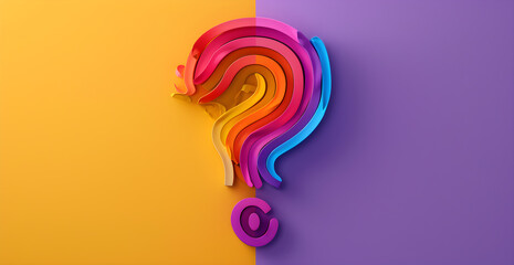 A colorful question mark is on a yellow and purple background