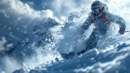 extreme snowboarder carves through the snowy terrain, executing daring stunts with precision. Experience the intensity and adrenaline of the moment