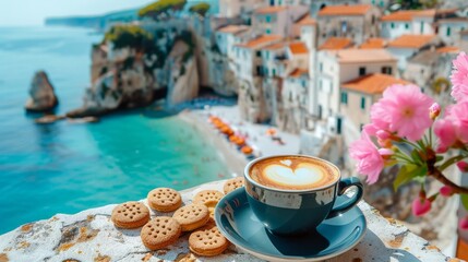 A vibrant image depicting a cup of coffee with biscuits on a ledge overlooking a beautiful seaside town