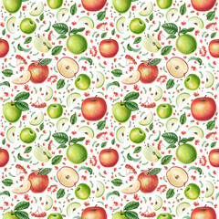 Seamless watercolor pattern with green and red apples.Natural, organic products background, isolated on white. 