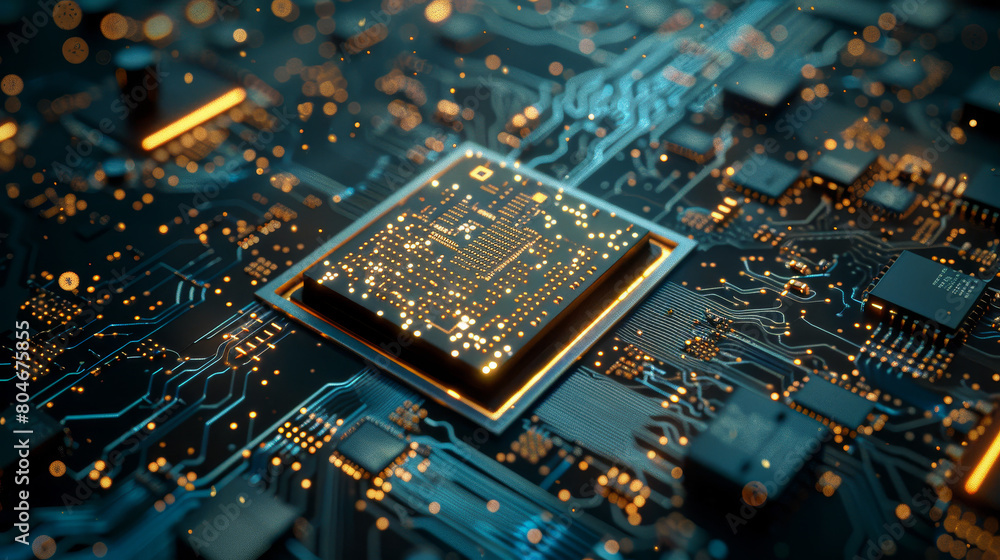 Poster a computer chip is shown in a black and orange color scheme