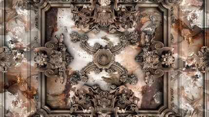 Lavish baroque, barocco ornate marble ceiling non linear reformation design. elaborate ceiling with intricate accents depicting classic elegance and architectural beauty