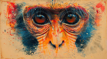   Monkey face painted with orange, blue, and red splatters