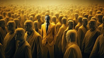 A man stands in the middle of a crowd of people, all wearing yellow suits