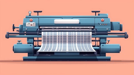 Flat solid color illustration of an indigo printing press on a peach background producing newspapers.
