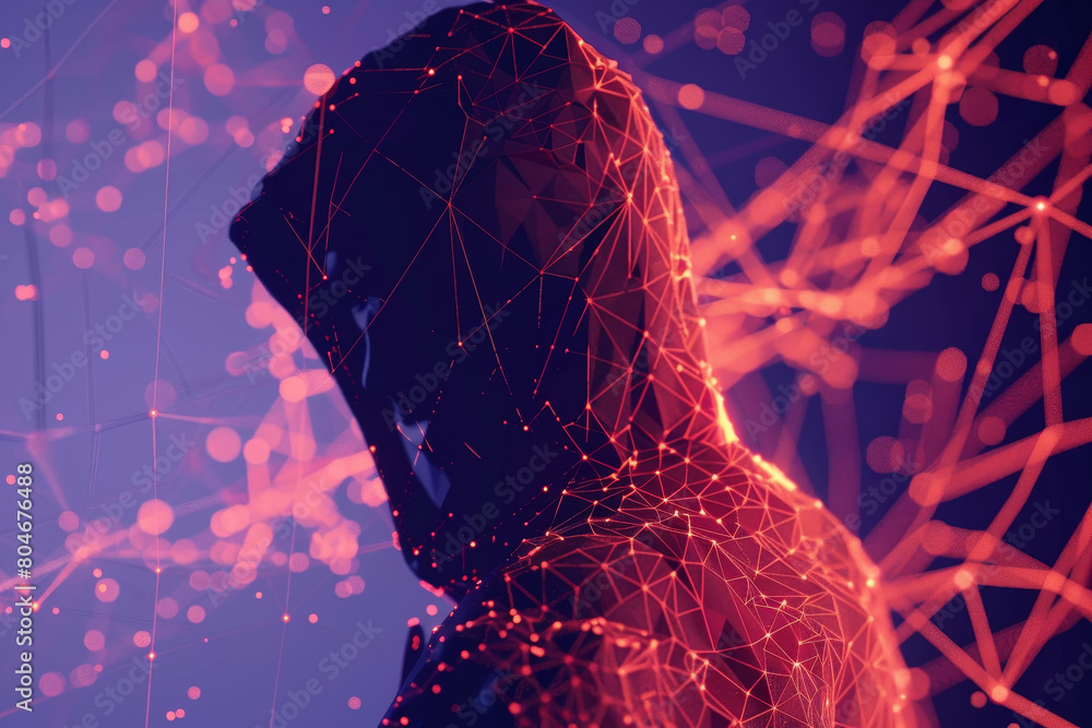 Poster a person is wearing a hoodie and standing in front of a web of lines