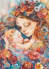 Beautiful and intricate depiction of a mother cuddling her sleeping child surrounded by flowers