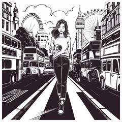 Girl walking in London landmarks as modern style illustration
