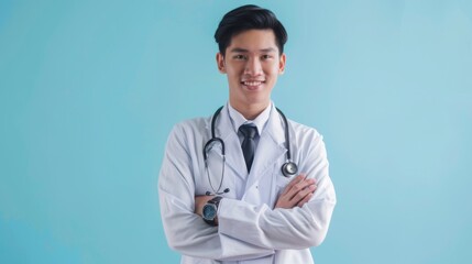 Portrait of asian young male doctor with stethoscope on blue background. Space for text